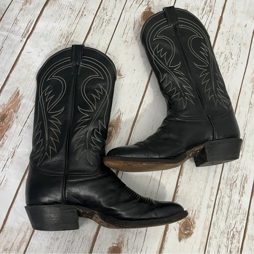 Tony Lama Black Western Cowboy Boots Size 8? Leather vintage black label El Paso - Picture 10 of 15